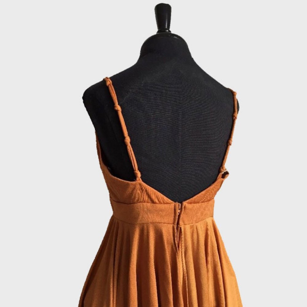 Vtg 70s Copper Asymmetric Hankie Hem Romper Dress… - image 6